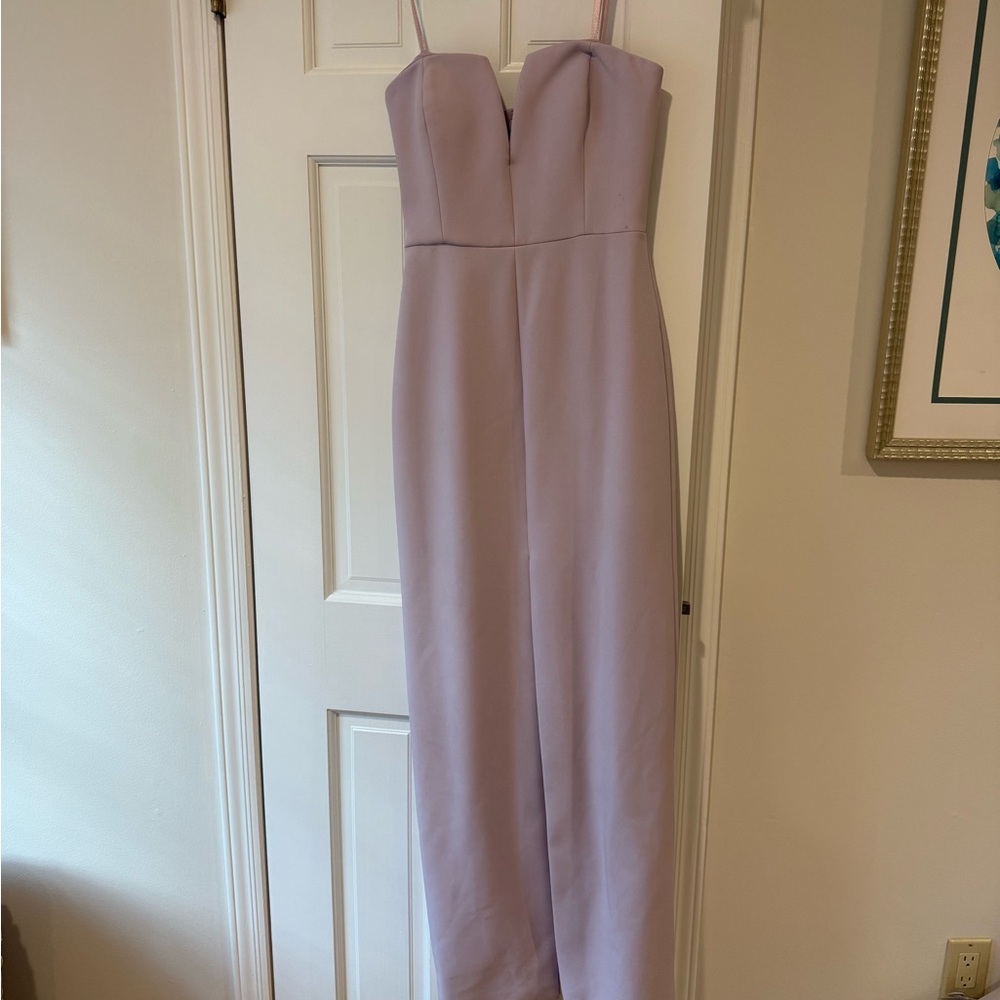 BCBG lavender strapless crepe column gown